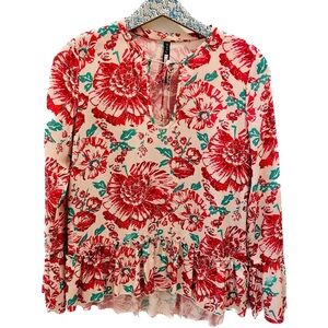 Plenty by Tracy Reese Floral Blouse small tie neck ruffles pink green